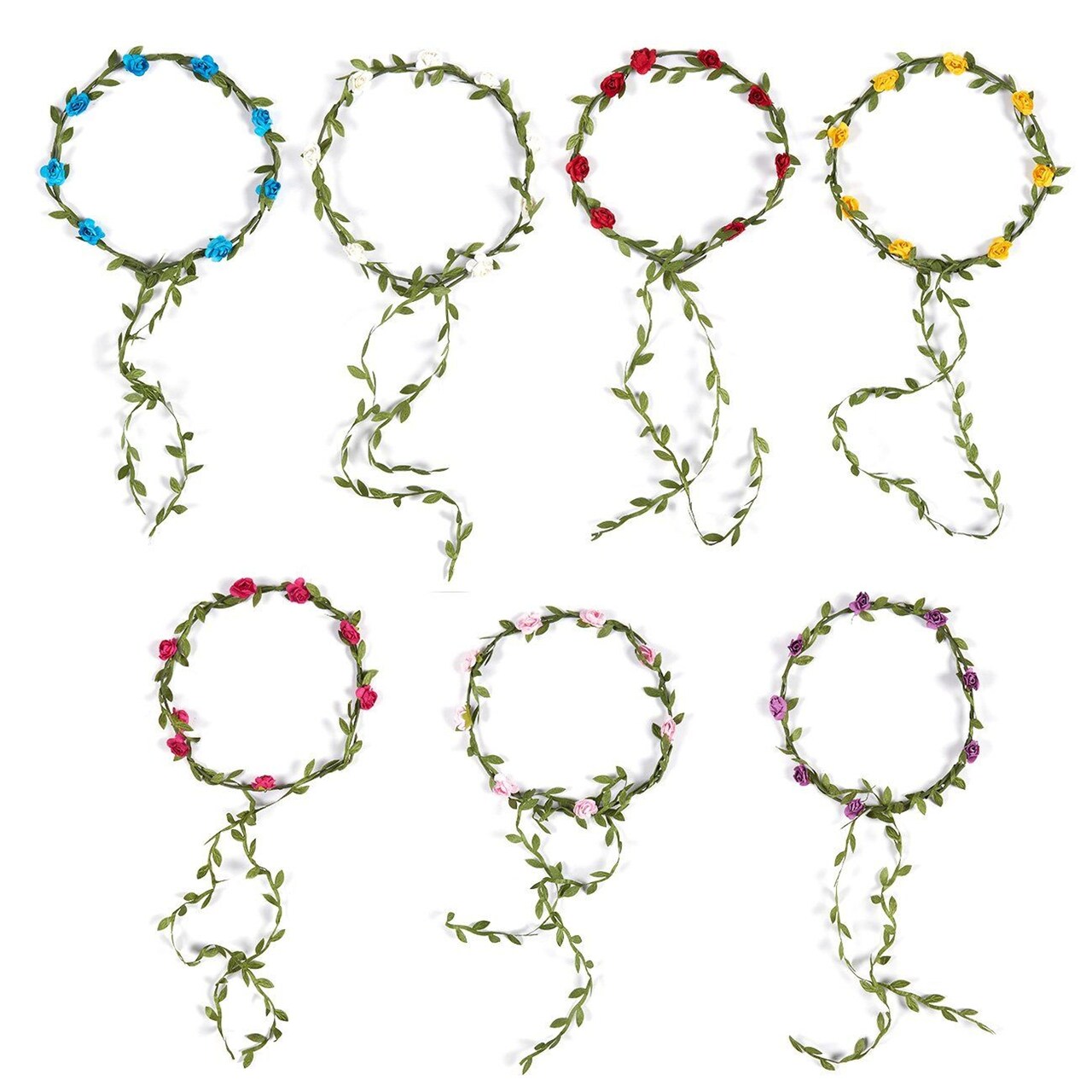 Pack of 7 Adjustable Floral Wreath Headbands for Girls and Women, Assorted Colors